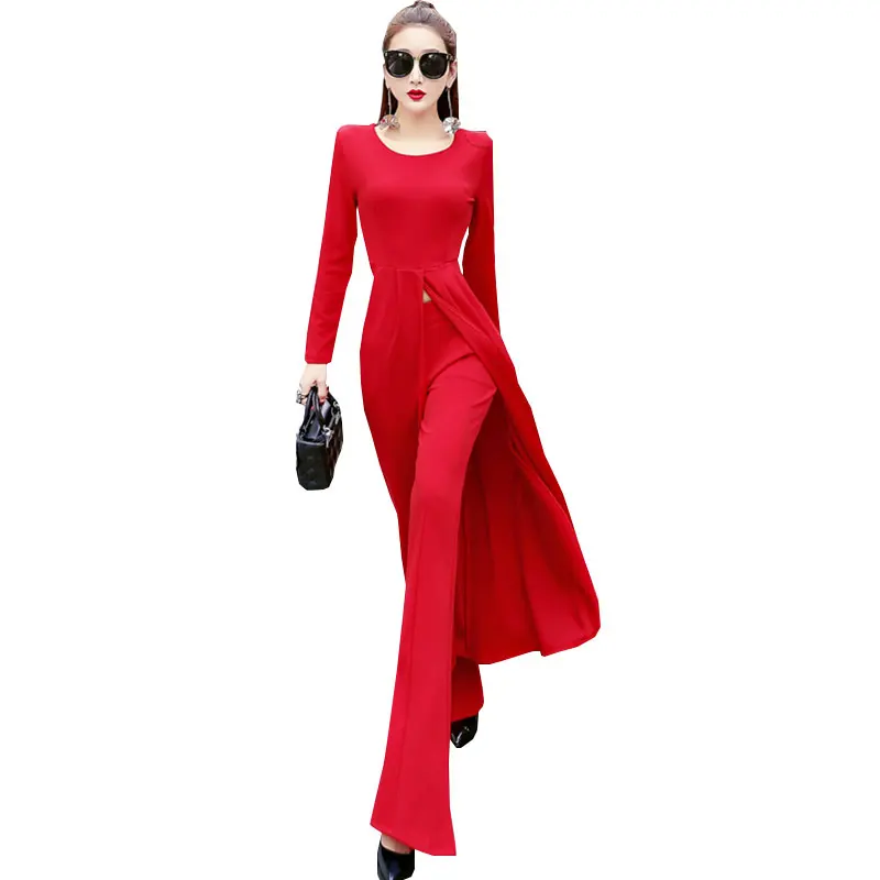 

Retro Women Dress Woman casaul tracksuit 2018 Spring Autumn 2 piece set top and Flare Pants Red two piece sets Sexy Dresses Z565