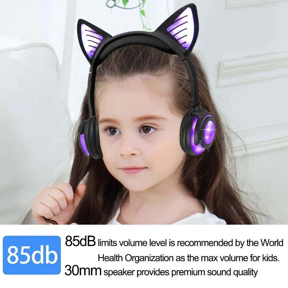 JINSERTA Bluetooth Earphone Cat Ear Wireless Headphones Microphone Flashing Glowing Headset w LED Light For PC Laptop Adult Kids