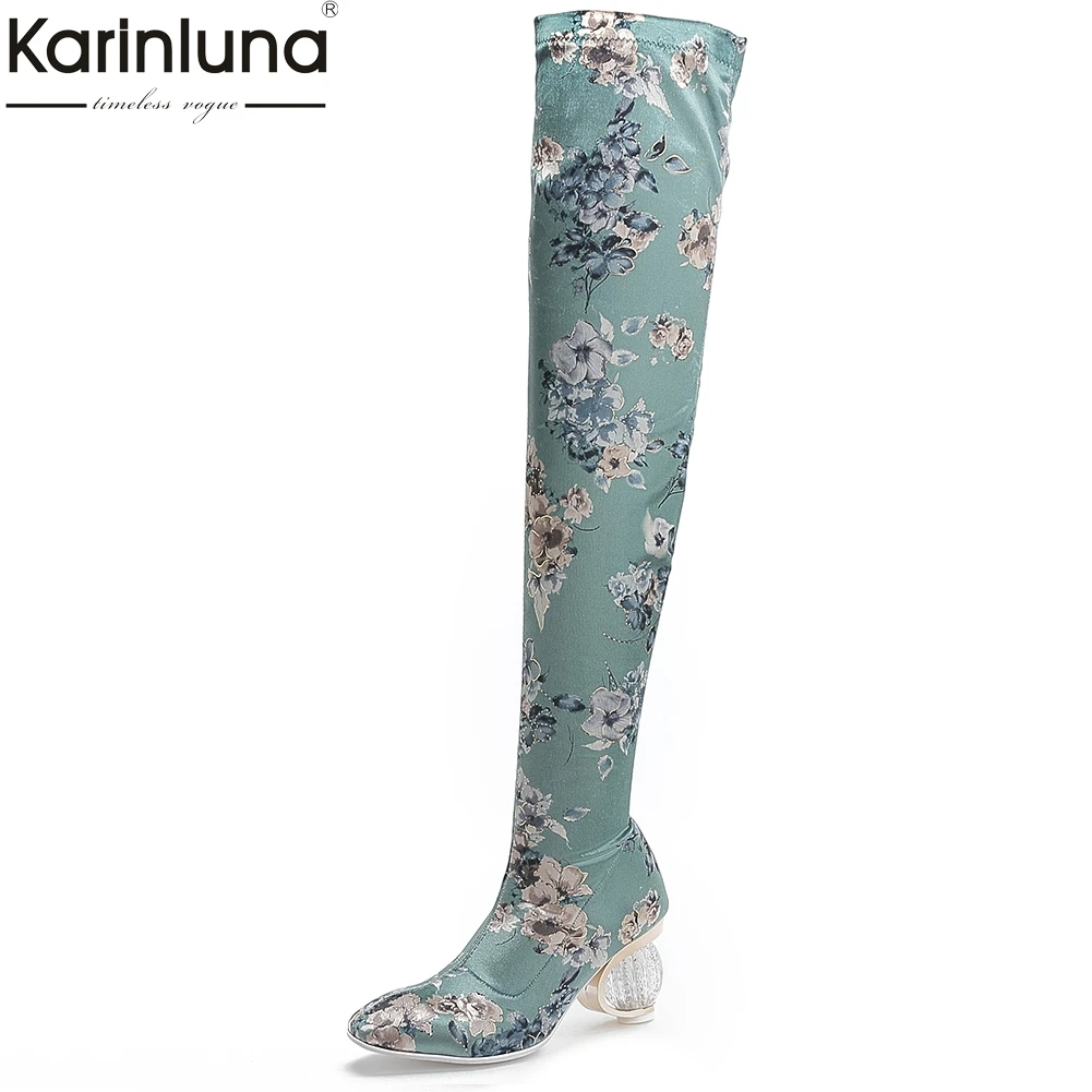 

2019 Elegant Silk Flower Print Over The Knee Boots Woman Spring Autumn round High Heels long Boots Women big Size 34-44