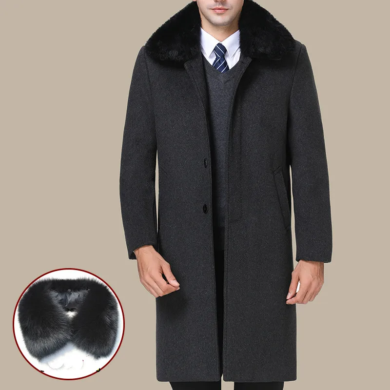 Настоящий меховой воротник из кролика Рекс шерстяное пальто осенне-зимняя куртка мужская деловая повседневная мужская куртка толстый теплый Тренч для мужчин ZT1765 - Цвет: long-DeepGray-rabbit