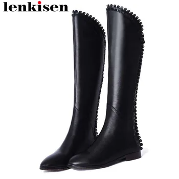 

Lenkisen high quality pu round toe lacework low square heels metal zipper knee-high boots solid european motorcycle boots L01