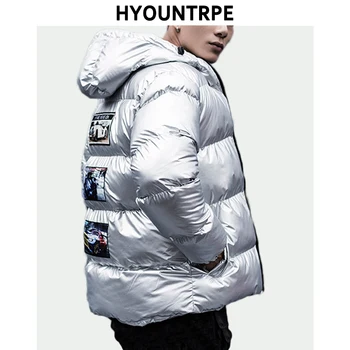 

Men's Warm Winter Jacket Casual Outerwear Silver Purple Thick Coats Patch Design Parka Male New Fashion High Street Hooded Coat
