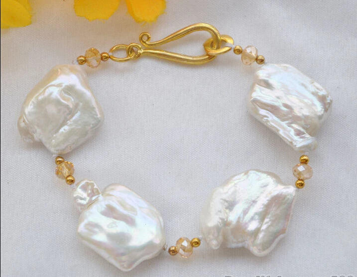 

shipping8" 30mm WHITE BAROQUE KESHI REBORN PEARL crystal faceted BRACELET 5.25
