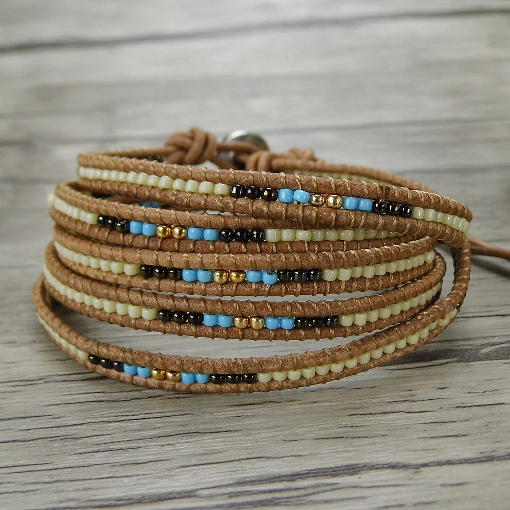 Tiny seed beads bracelet leather wraps beads bracelet bohemian seed