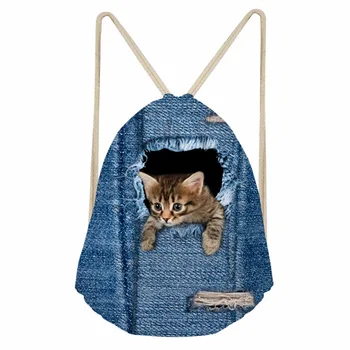 

FORUDESIGNS Hot Sale Denim Pocket Cat Cute Women Travel Backpack Small Beach Drawstring Bag for Teenager Girls Storage Bookbag