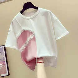 2019 летние футболки женские новые корейские модные с коротким рукавом кружева шить Футболка Пуловер Топ футболки Женщины Базовая рубашка