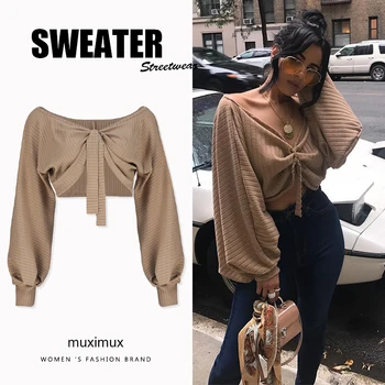 

2018 Autumn Women Sweaters Lantern Sleeve Loose Pullover Female Streetwear Jumper Winter Knitted Short Sweater