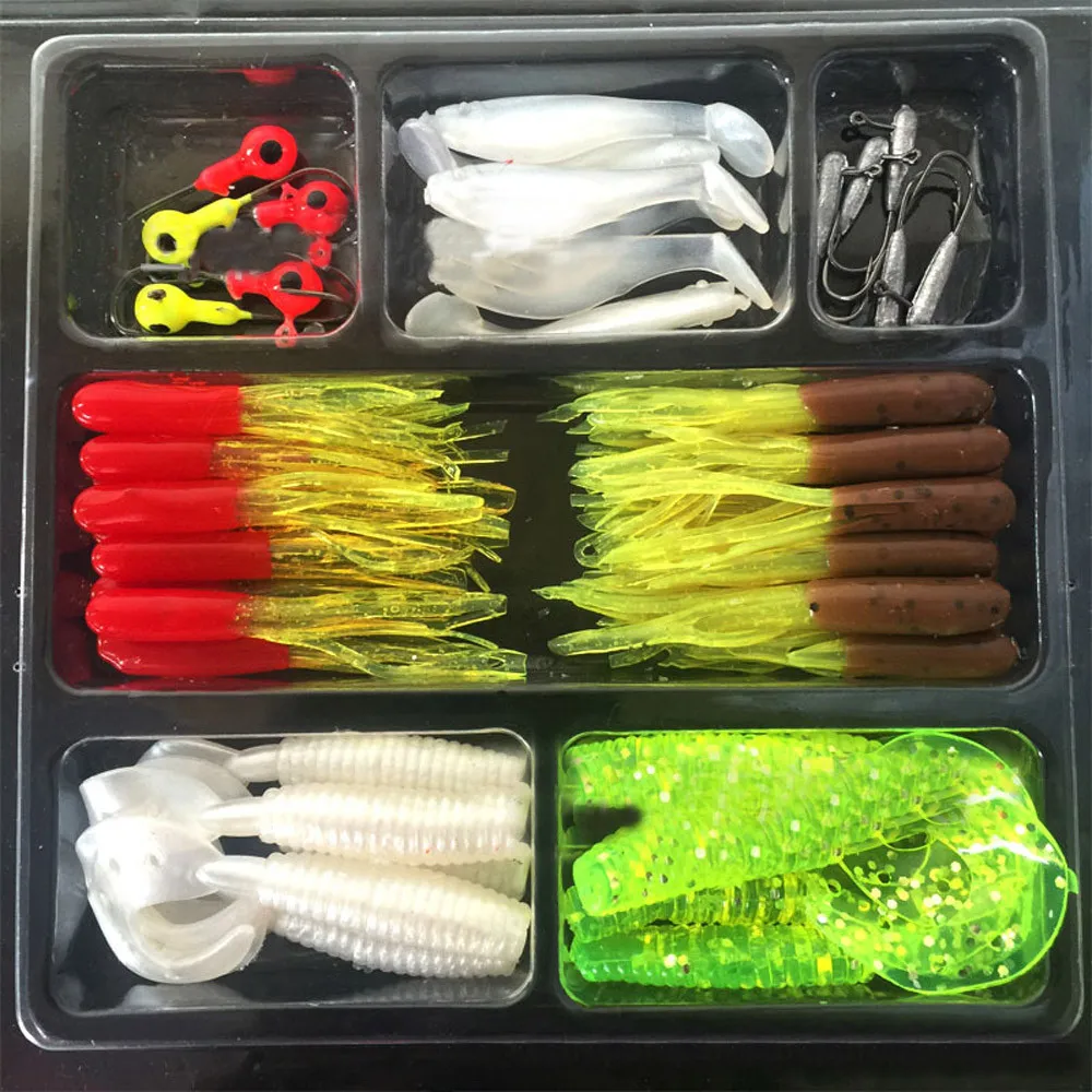 35Pcs Soft Worm Lure Carp Fishing Lure Set + 10 Lead Head Jig Hooks