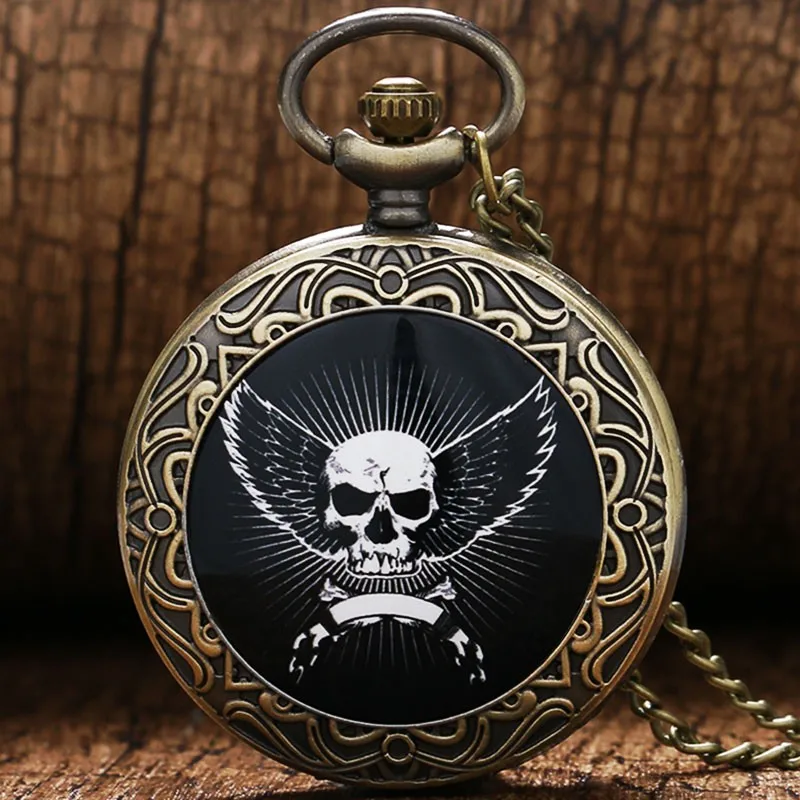 Черные кварцевые винтажные антикварные карманные часы со скелетной головкой ангельские крылья дизайн с кружевным узором ожерелье часы с