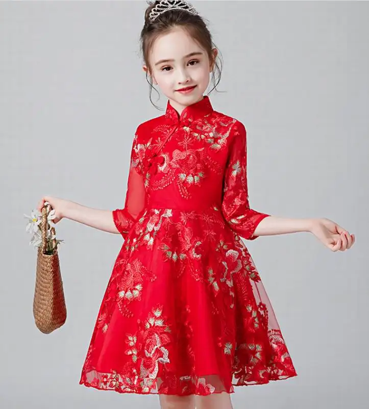 

Princess Dress for Girls Flowers Embroidered 2/1 sleeve cheongsam Dress Children Clothing pink red beige 3-10T A9688