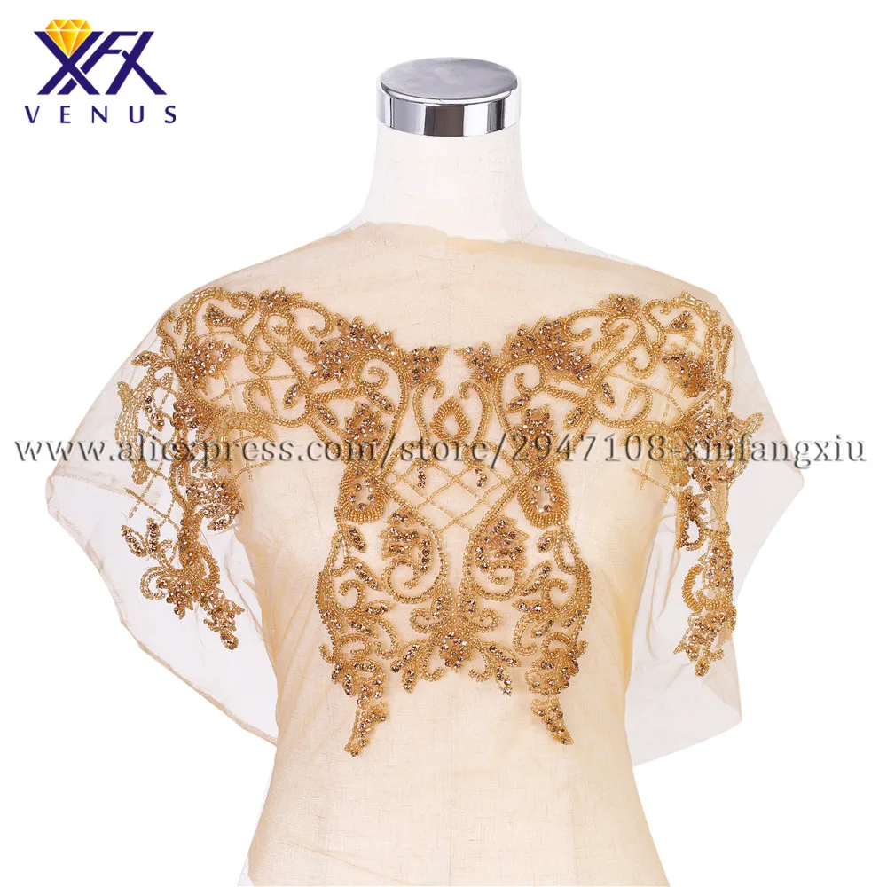 

XFX VENUS pretty formal dress Gold beaded bodice yellow mesh rhinestone applique embroidery patches sew on applique