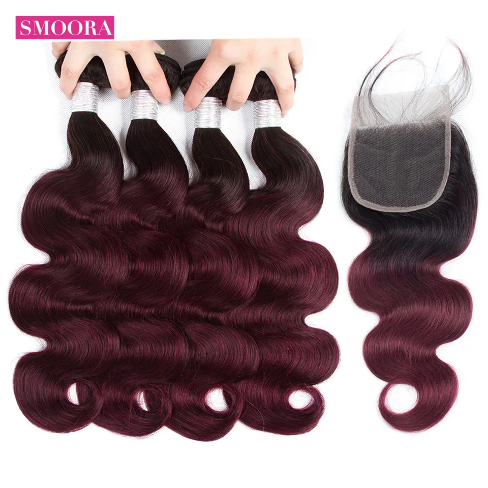 body wave 1b 99j ombre hair 4 bundle with closure free part 1