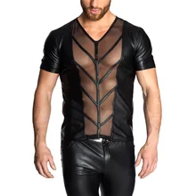 Плюс Размеры одежда Для мужчин сексуальное женское белье эротическое Майки короткий рукав прозрачный Fuax Кожа пикантные Нижнее Бельё для девочек Для мужчин Топы корректирующие