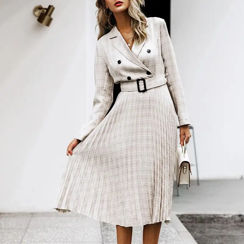 Ceny Aartiee elegancka 2019 jesienno zimowa damska marynarka sukienka guzik pas z długim rękawem sukienka kobieta sukienka w kratę kobiety Sexy vestidos