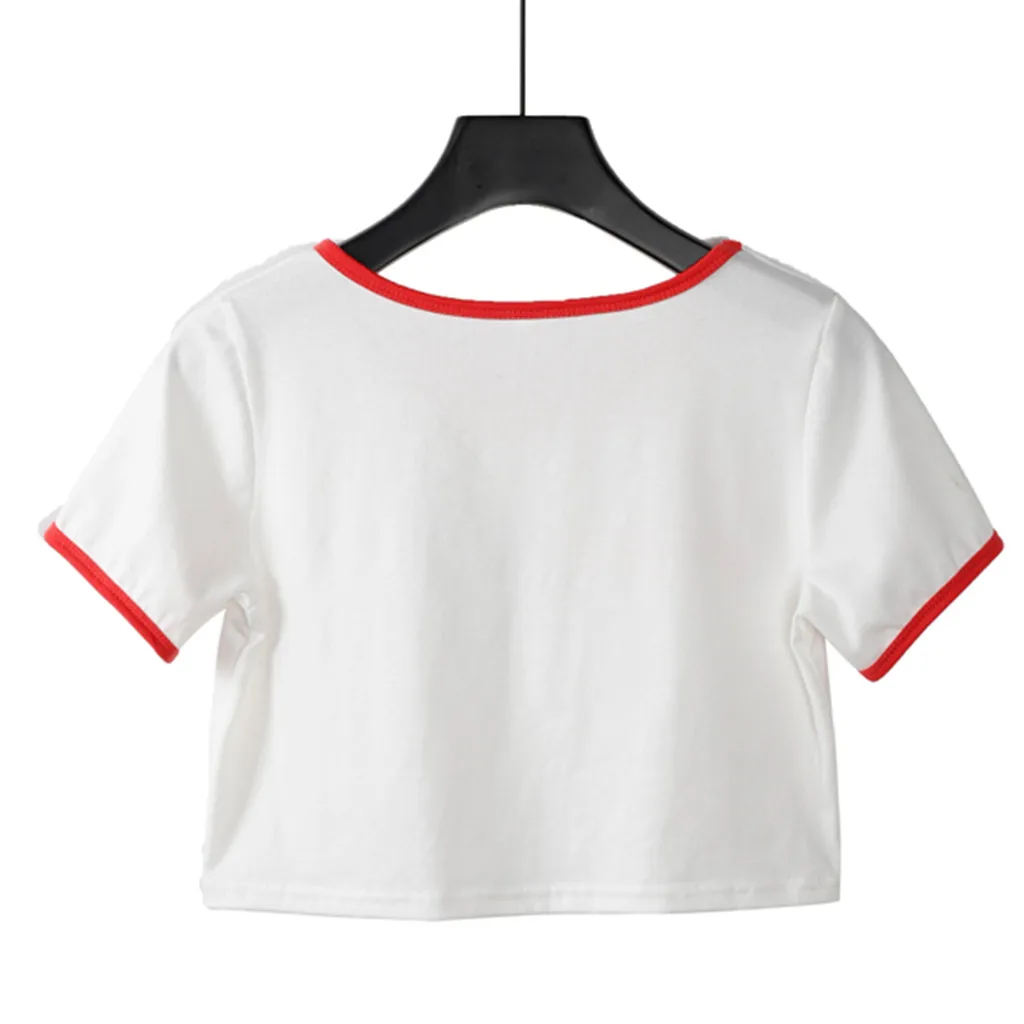Новая модная женская летняя укороченная футболка Летняя хлопковая Футболка с принтом белая футболка с круглым вырезом и коротким рукавом Топ camiseta mujer