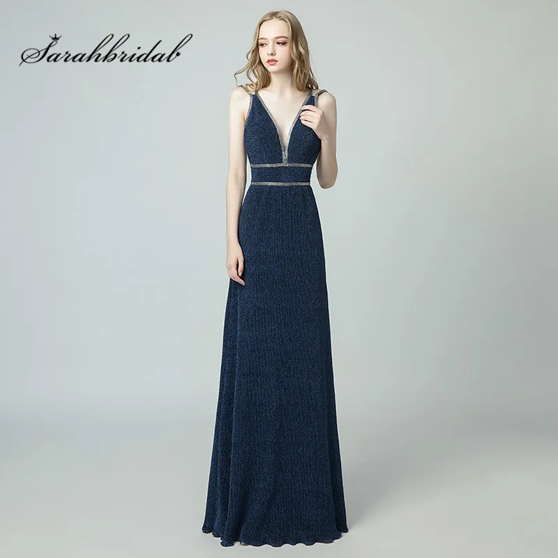

New Arrival Evening Dresses 2019 Sexy V Neck Navy Blue Backless Long Floor Length Party Prom Gowns with Beading In Stock CC5131