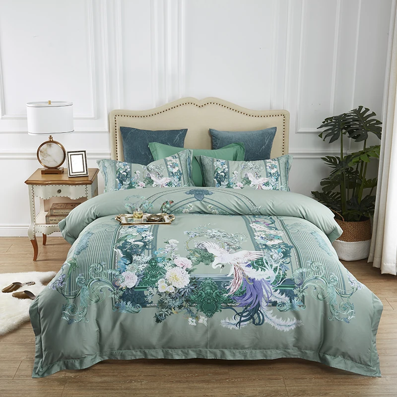  100% Egyptian Cotton Bedding Queen King size 4Pcs Birds and Flowers Leaf Pattern Gray Shabby Duvet 