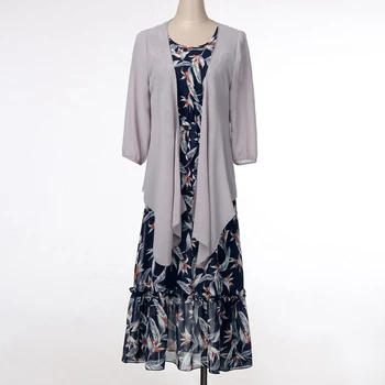 

Large Size 2XL 3XL Women 2 Piece Set Women Summer Natioanl Print Sling Dress + Open Stitch Cardigan Suit Elegant Chiffon Vestido