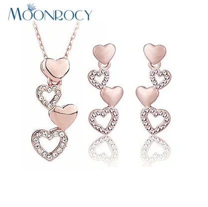 

MOONROCY Drop Shipping fashion crystal necklace and earrings set Rose Gold Color Jewelry Set heart shape Gift choker for women