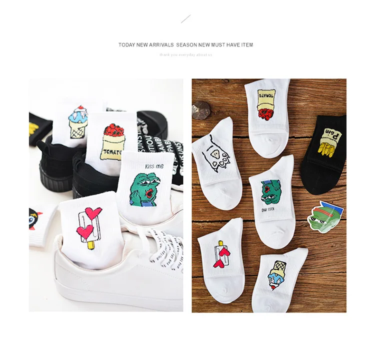 Носки с изображением картофеля фри, томатов, мороженого, лягушки, женские забавные носки в японском Корейском стиле Харадзюку, Хлопковые женские носки