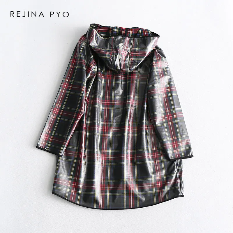 Beste REJINAPYO Vrouwen Vintage Stijl Plaid Hooded Transparante Regenjas Lange Trenchcoat Bedekt Knoppen High Street Plus Size