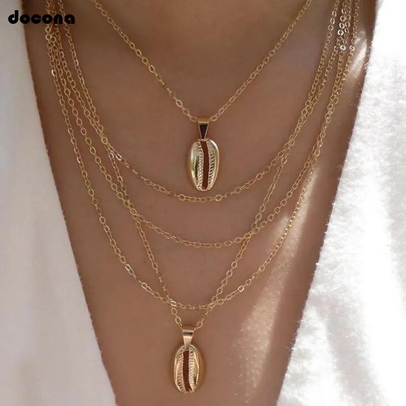 

docona Boho Gold Color Seashell Chains Multi Layer Necklace for Women Beach Shell Pendant Necklaces Boho Jewelry C19110