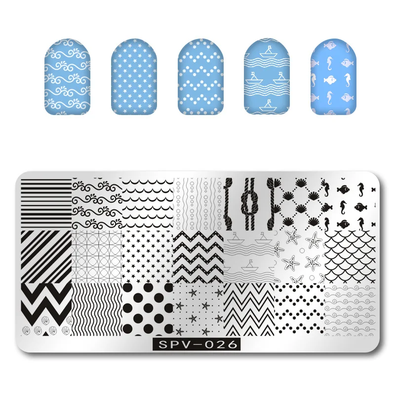 

1Pc SPV026 Nail Art Plate Stamp Stamping Plates Sea Theme Stainless Steel DIY Nail Polish Print Manicure Nail Template Plate 26#