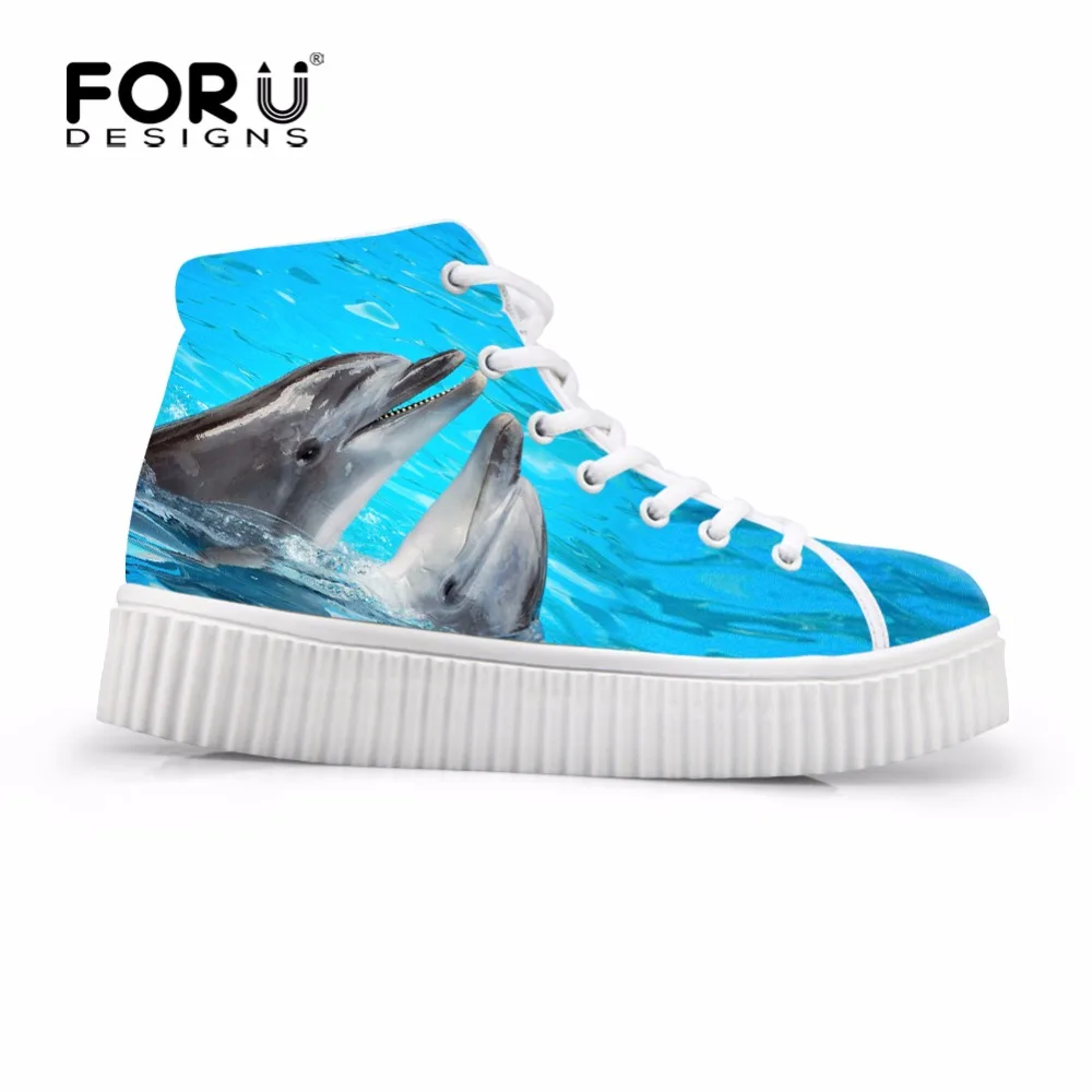 FORUDESIGNS Animal Dolphin Lace up Flats Platform Shoes Women 3D Cool Printing High Top Casual ...