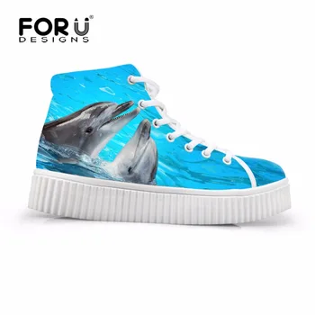 

FORUDESIGNS Animal Dolphin Lace-up Flats Platform Shoes Women 3D Cool Printing High Top Casual Shoes Female Height Increasing