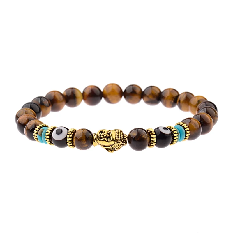Charm Buddha&Evil Eye Bracelet Women 8mm Elastic Round Bright Black Stone Chakra Bracelets Men Erkek Bileklik Homme