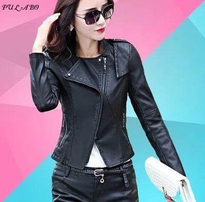 Spring Autumn Winter Ladies Motorcycle Leather Jackets Women Turn-down Collar Zipper Slim Black Moto & Biker Jacket Female