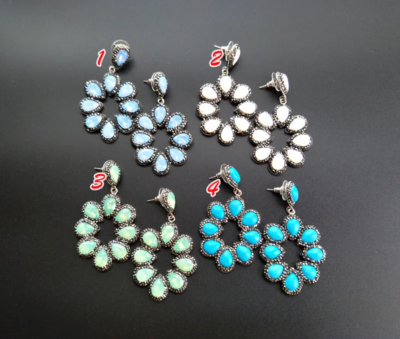 

1 Pair Gorgeous Flower Vintage Bohemia Pendants Water drop Semi Precious Stone charm Bohemian Style Earrings for Women ER133
