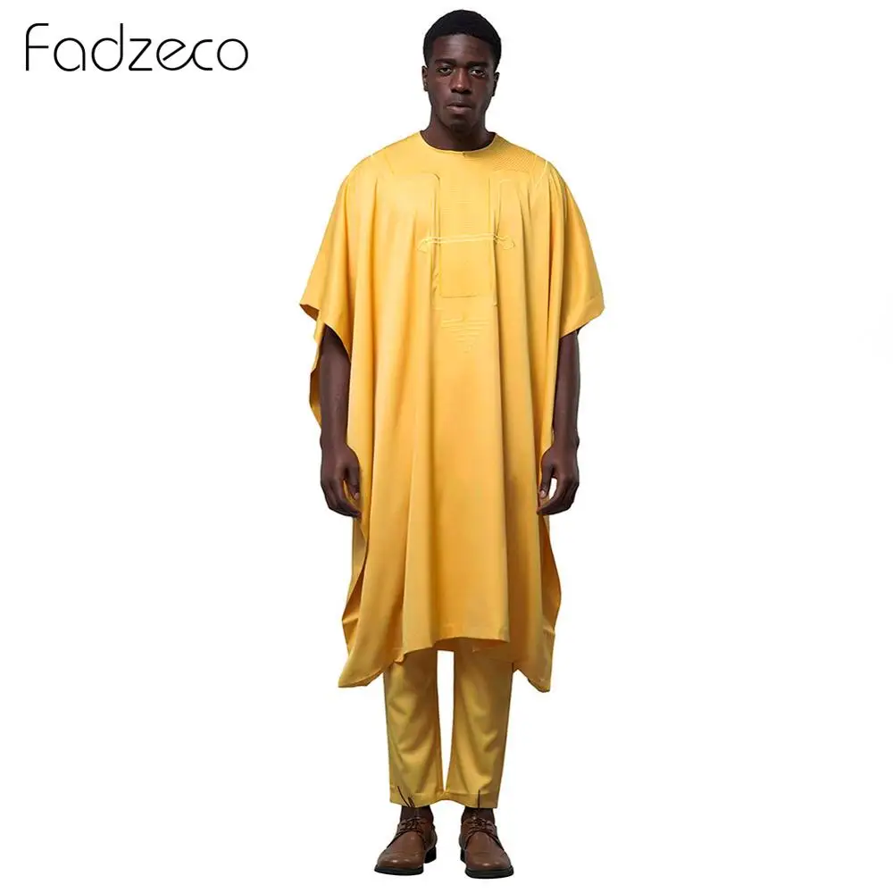 Fadzeco Agbada африканские костюмы для мужчин Дашики Этническая официальная одежда Топы рубашка брюки Бизнес 3 шт. набор африканская одежда Базен - Цвет: Yellow