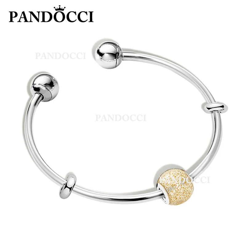 

PANDOCCI 100% 925 Sterling Silver New GOLD Color Flashing Ball Charm Opening Bracelet Surprise Gift Set Women Jewelry