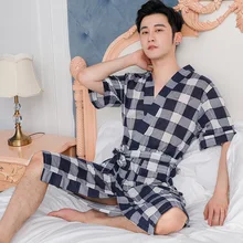 Мужской хлопковый Халат летняя Пижама клетчатая одежда для сна с коротким рукавом плюс размер 3XL Домашняя одежда японское кимоно халат одежда юката
