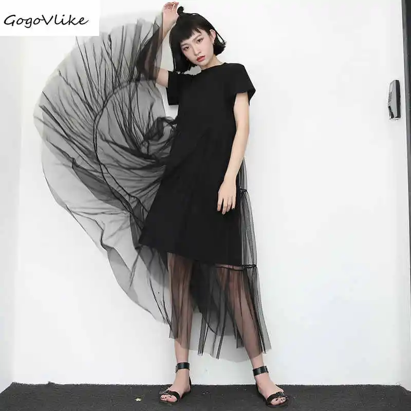 

Women Dress Tulle Spliced Black Irregular Shirt Dress Mesh Loose 2018 Summer Vestidos Clothing Big Size Short Sleeve LT351S50