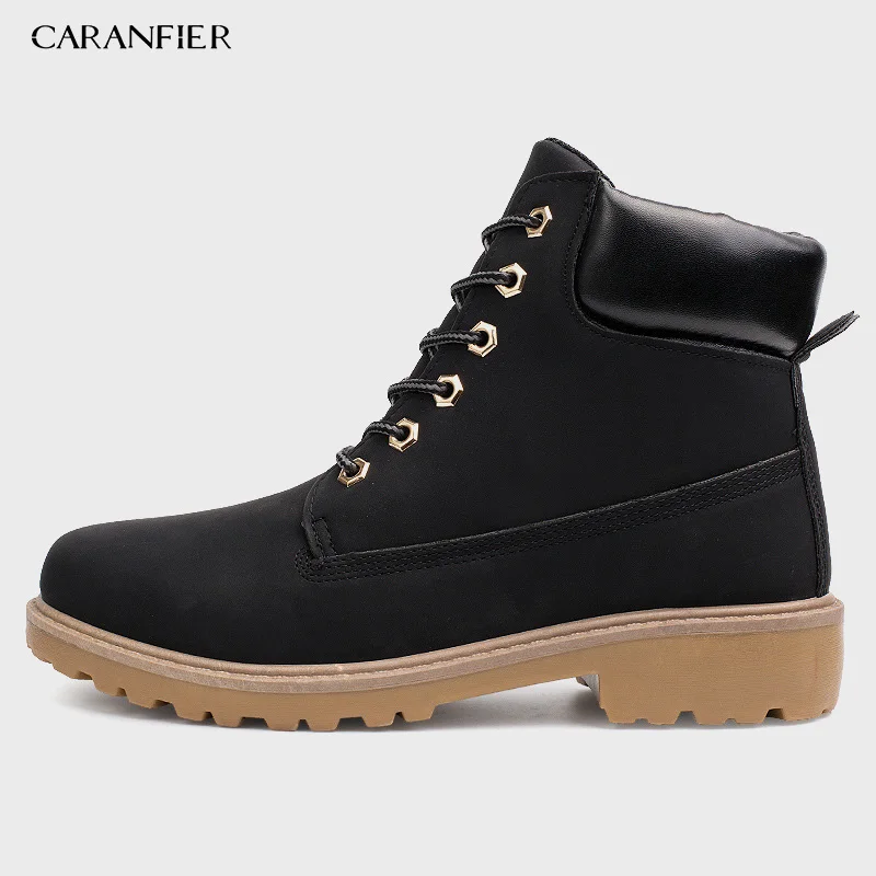 Black No Fur CARANFIER/ г. Зимние мужские ботинки уличные Зимние ботильоны из PU искусственной кожи мужские Нескользящие ботиночки на шнуровке, ботинки в британском стиле martin размера плюс 46 - Цвет: Black No Fur