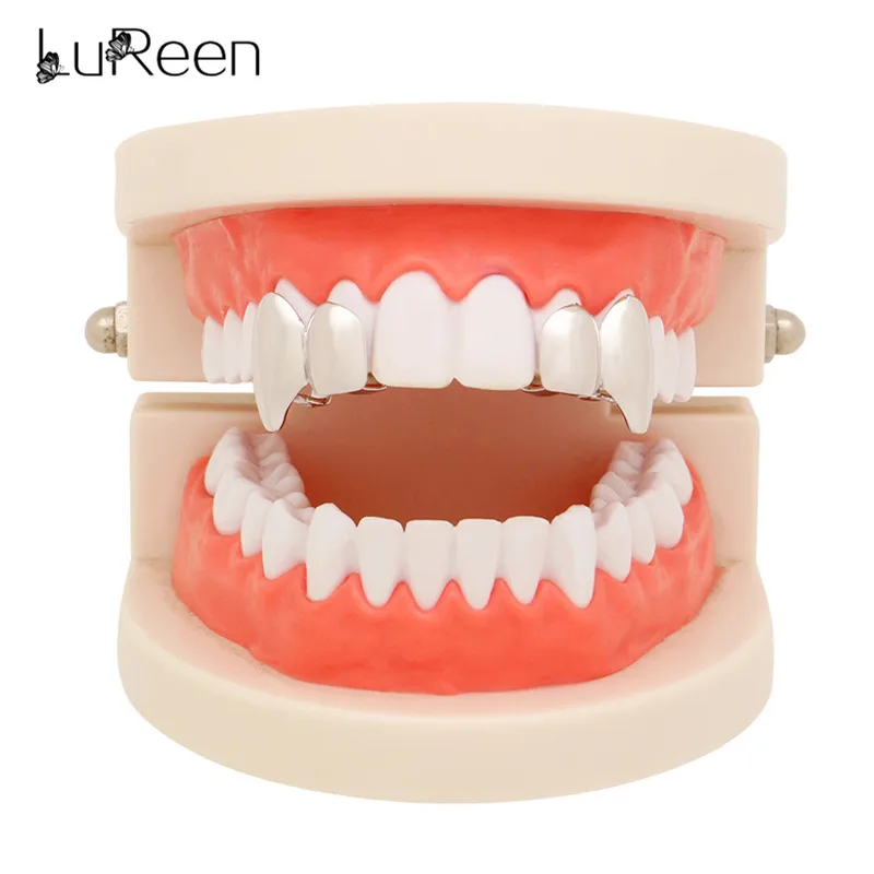 Lureen в стиле хип-хоп GoldTeeth Grillz верхние и нижние одиночные грили зубные Зубы вампира шапки 2 шт. Косплей зуб гриль украшения для тела Вечерние