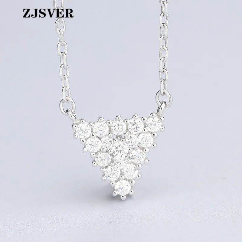 

ZJSVER Fine Jewelry 925 Sterling Silver Necklace Triangle Shape Crystal Pendant Simple Silver Clavicle Chain Women Necklace