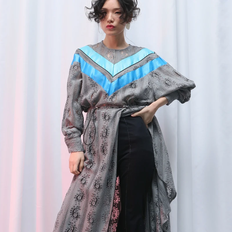 

2019 Spring Retro Stitching Transparent Lace Irregular Dress Elegant Women Dress Beach Style A-Line Full Solid O-Neck Dress