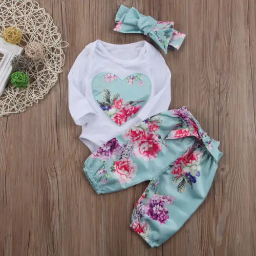 Комплект одежды для новорожденных девочек; комбинезон с длинными рукавами и цветочным принтом; комплект из 3 предметов: штаны с принтом+ головной убор; комплект одежды