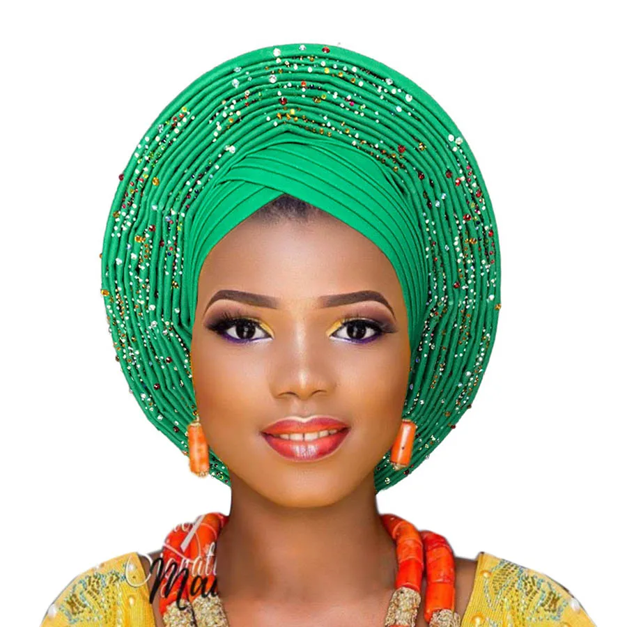 Новое поступление ASO OKE gele с бисером Африканский тюрбан для женщин - Цвет: green