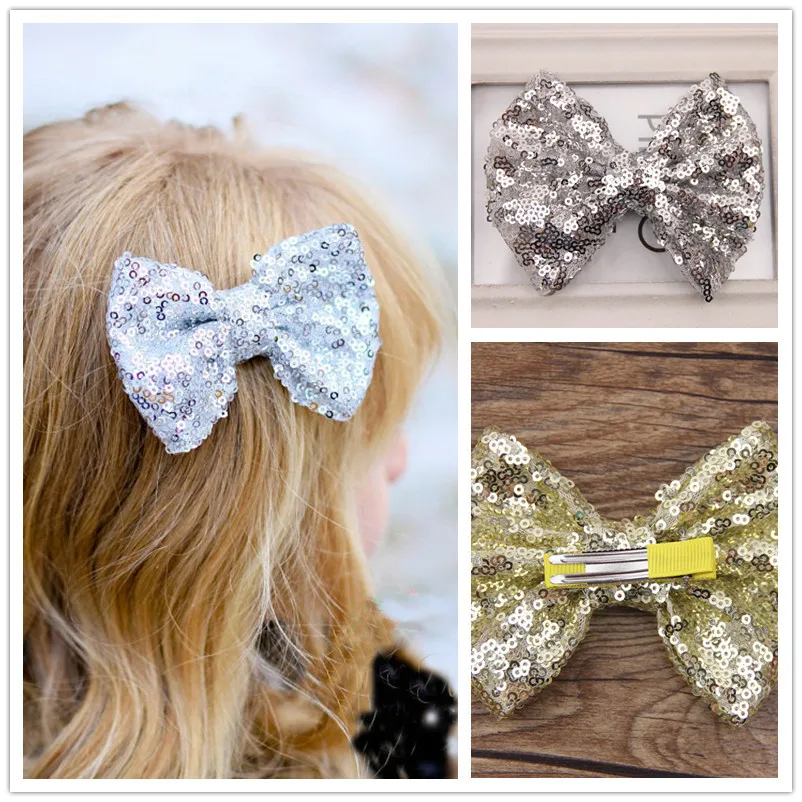 

Big Sequins Bows on Alligator CLIP children hair bling Sequins bow clips baby headwrap girl hair accessories 5pcs/lot