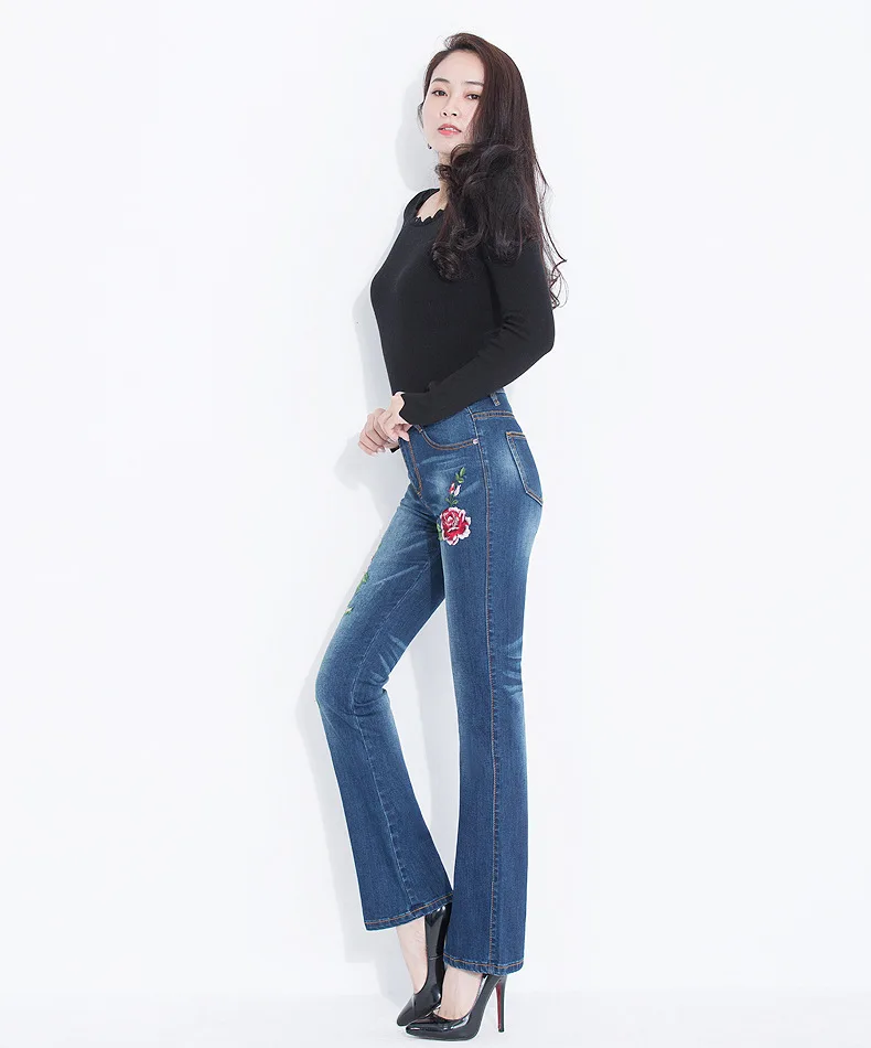 Джинсы женские Высокая талия корейский стиль расклешенные джинсы цветы вышитые стрейч джинсовые брюки большой размер Женская одежда Femme
