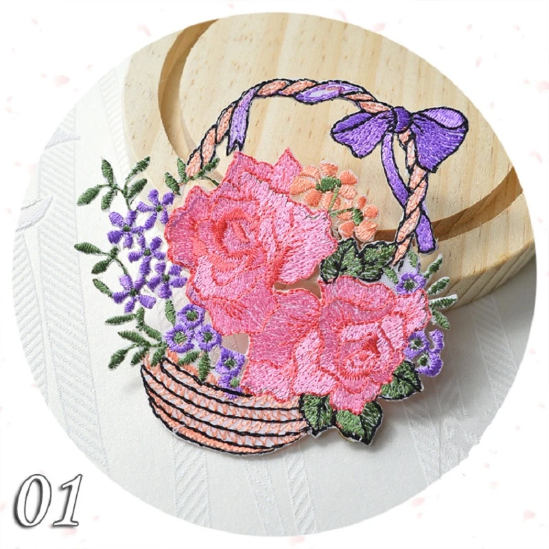 1PC~PINK FLOWER BASKET ~IRON ON EMBROIDERED APPLIQUE