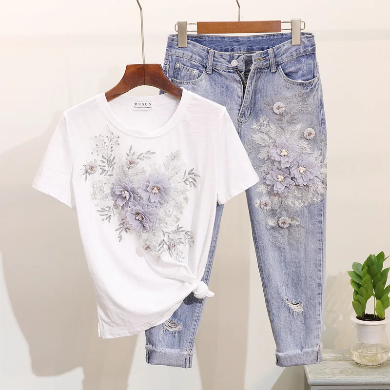 

JSXDHK Women Sequined Beaded 3D Flower Cotton T-shirt +Calf-length Jeans Clothing Sets Summer Mid Calf Jean Suits