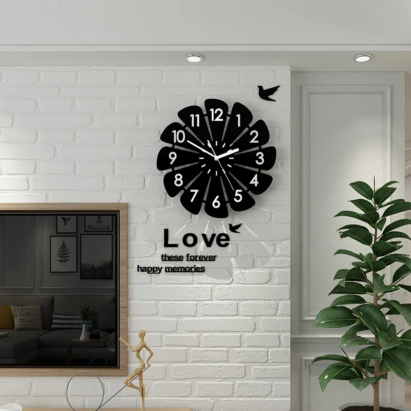 

Creative Geometric Flower Black Wall Clock Modern Design With Wall Stickers 3D Quartz Hanging Clocks Free Shipping Home Decor