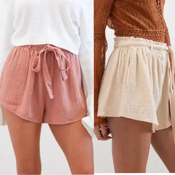 

2019 Summer new Female High Waist Short Pants Belt Loose casual solid color wide-leg pants short