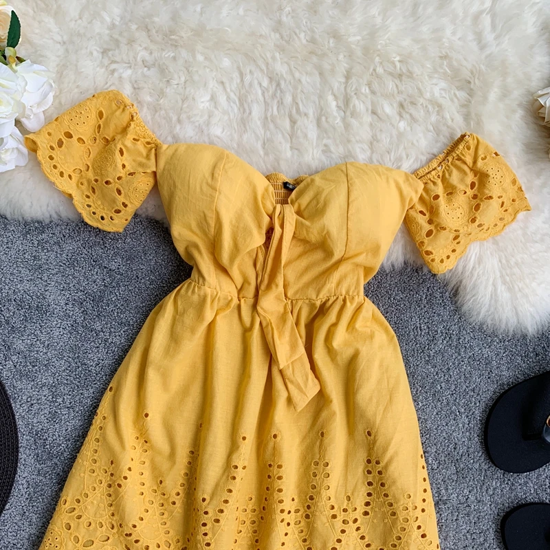 Женское пляжное мини платье ALPHALMODA желтое с подкладкой рукавами фонариками и