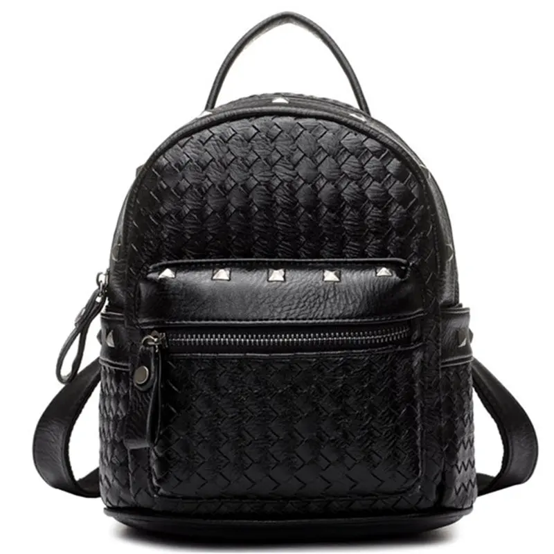 New Arrival Europe Knitting PU leather Women Backpack Preppy Fashion Rivet School Bags 4 Color Metal Bag